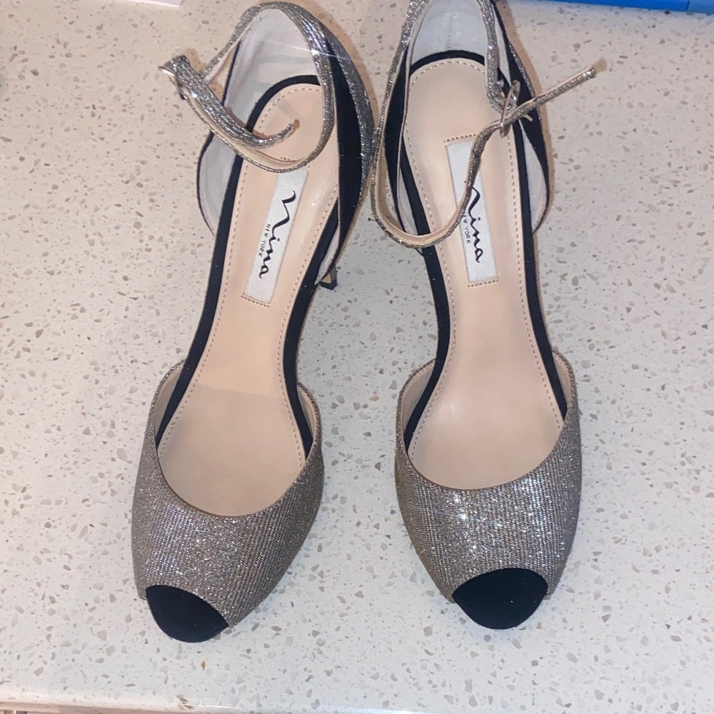 Nina Sparkling Silver Peep-Toe Heels